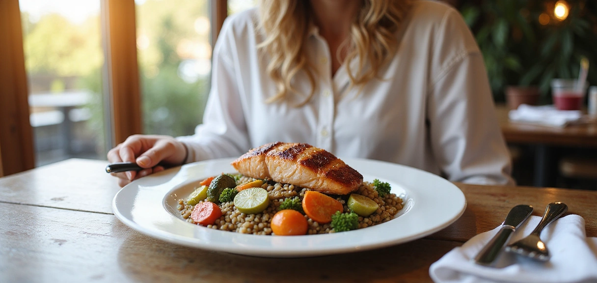 A person enjoying a beautifully plated, balanced meal (e.g., grilled salmon with quinoa and roasted vegetables) in a bright, natural setting like a sunlit dining room or an outdoor patio. The focus is on healthy eating and a peaceful, satisfying experience. No text.