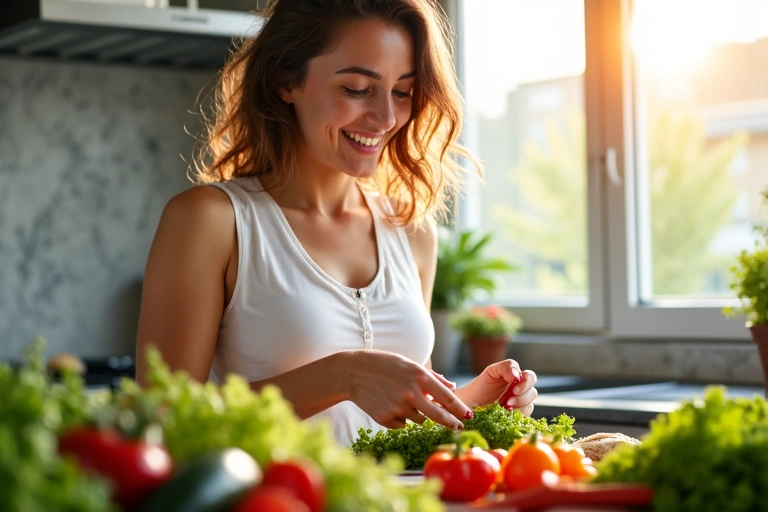 A person happily preparing a salad with fresh, colorful vegetables in a modern kitchen. Sunlight streams through a window, highlighting the fresh ingredients. The image emphasizes health and vitality.