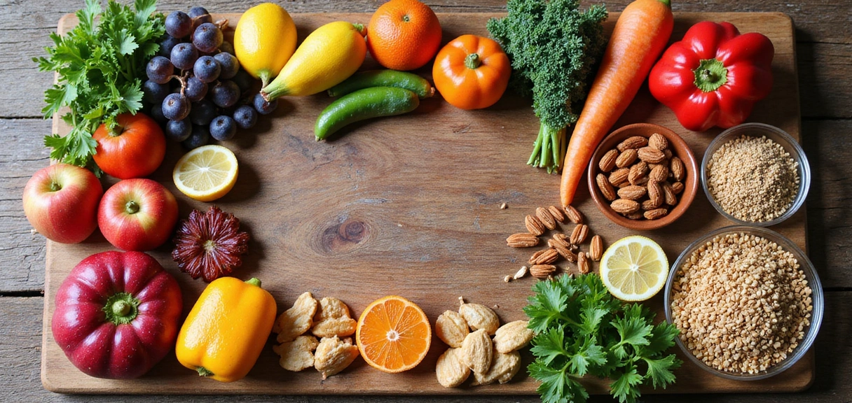 A beautifully arranged healthy food spread on a large wooden table, featuring vibrant fruits, fresh vegetables, whole grains, nuts, and lean protein sources. The colors are rich and inviting, suggesting a delicious and nutritious meal. No text or people are visible.
