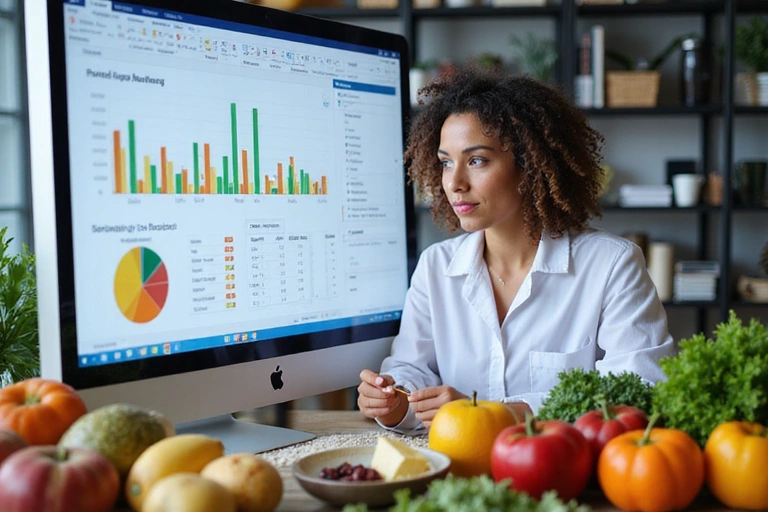 Scientist analyzing nutritional data on a screen, with fresh fruits and vegetables on a table.
