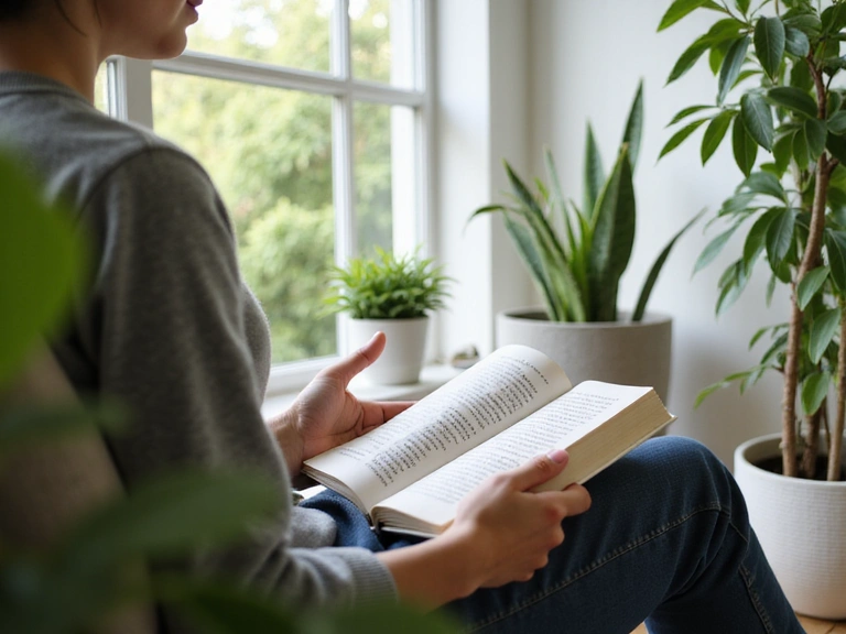 A person reading a book on health, comfortably seated in a bright, inviting room, surrounded by plants, symbolizing continuous learning and a serene environment, no text.
