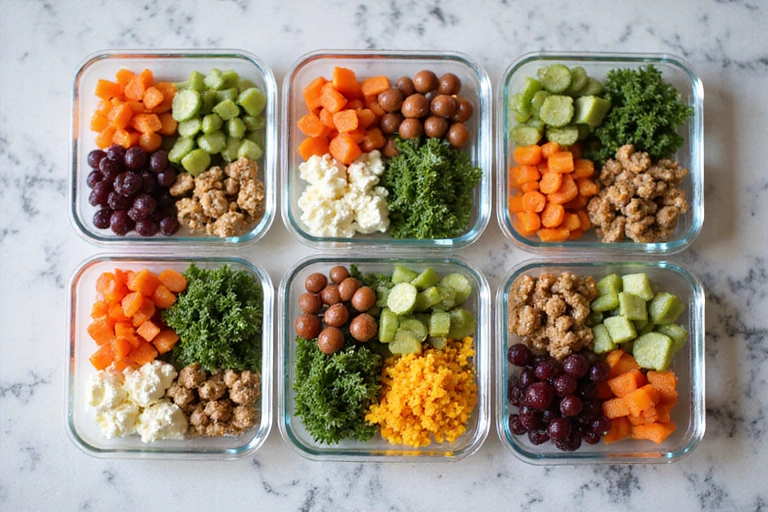 A neatly organized kitchen counter with various containers of prepped healthy meals for the week, showcasing fresh ingredients and balanced portions.