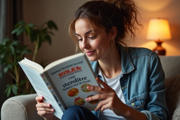 A person thoughtfully reading a book about health and nutrition in a cozy, well-lit setting, surrounded by subtle decor, no text.