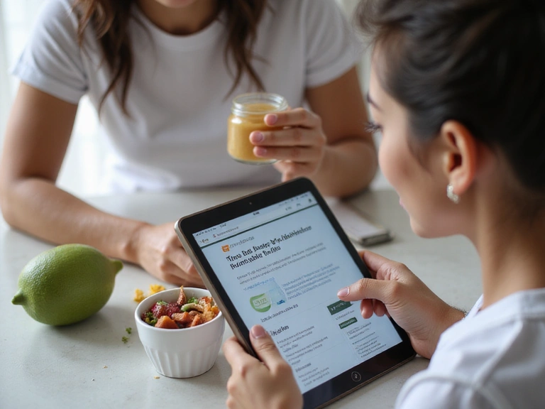 Close-up of a nutritionist and client discussing a personalized nutrition plan on a tablet