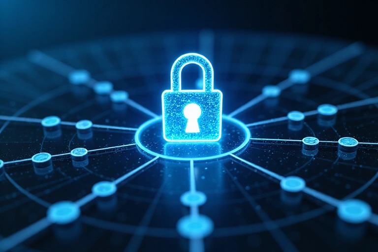 A secure digital lock icon overlaying a network of interconnected data points, symbolizing data security and controlled sharing.