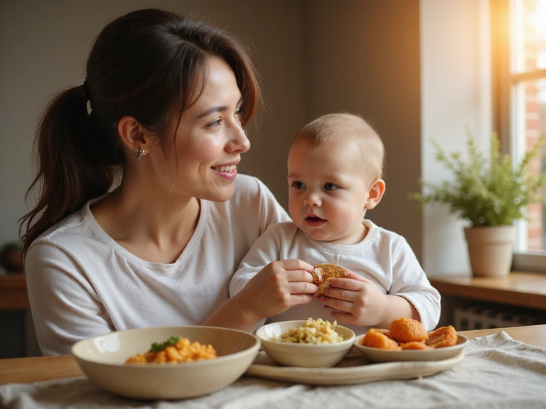 Mother and baby with healthy food, warm glow